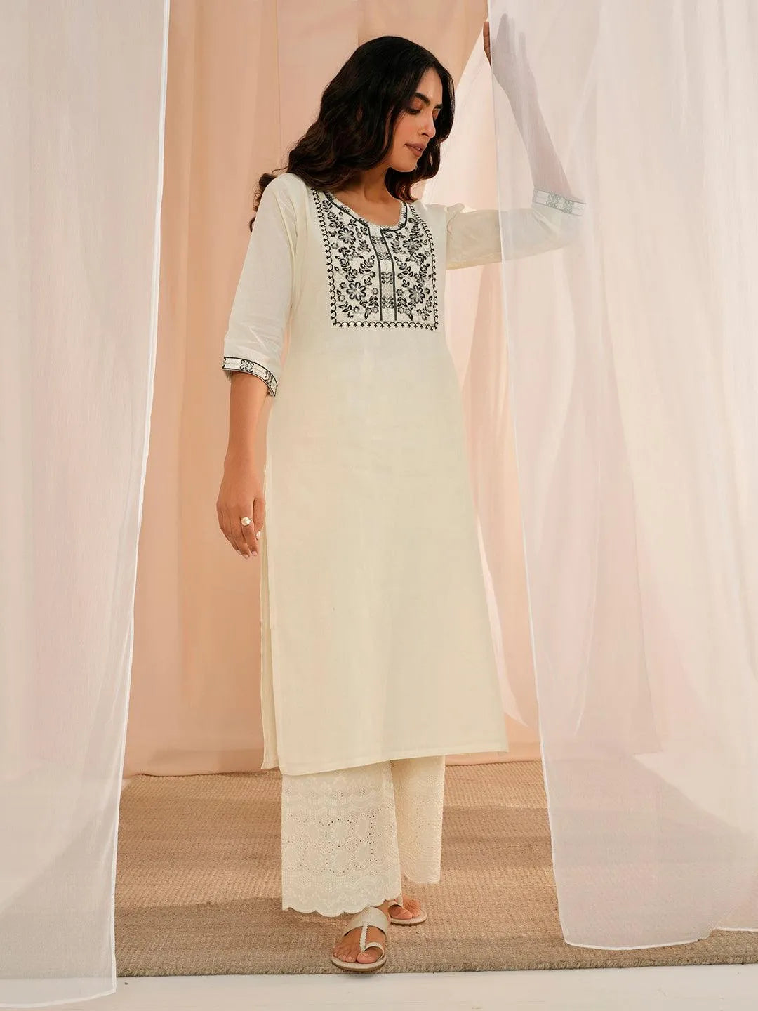 Off White Yoke Design Cotton Straight Kurta - Libas 