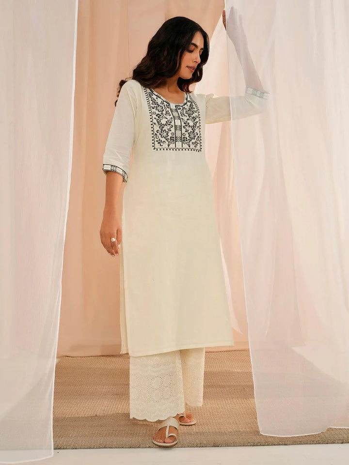 Off White Yoke Design Cotton Straight Kurta - Libas
