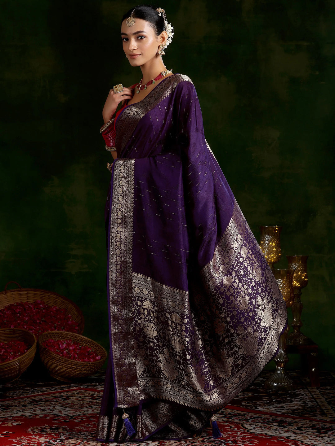  Purple Woven Design Silk Blend Saree With Unstitched Blouse Piece 