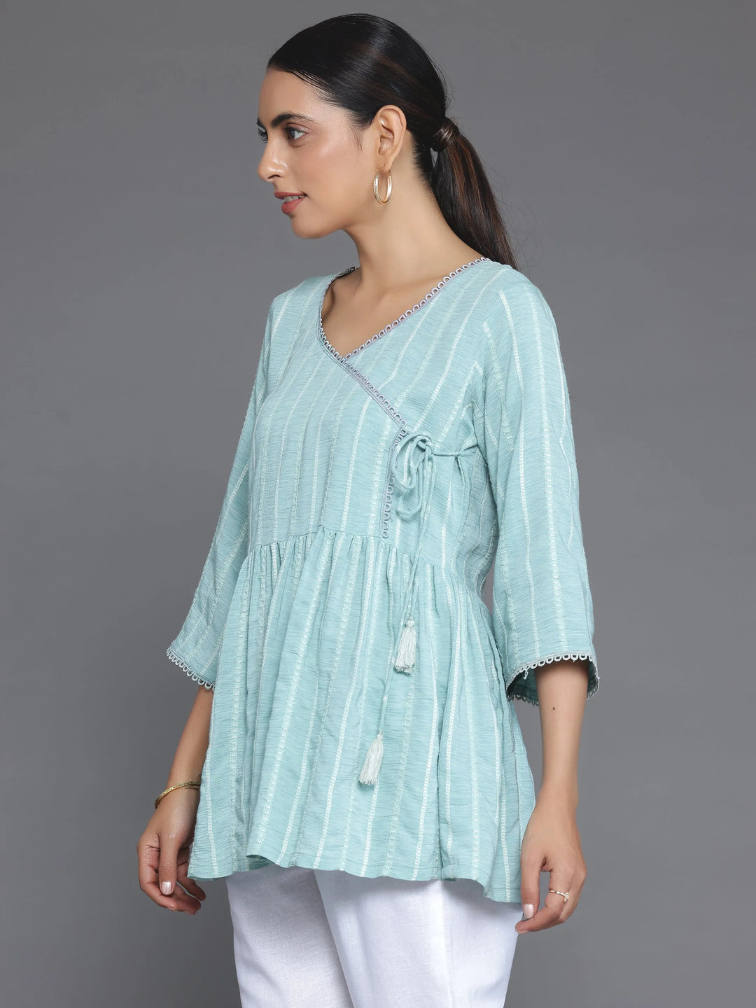  Blue Woven Design Cotton Blend A-Line Kurti 
