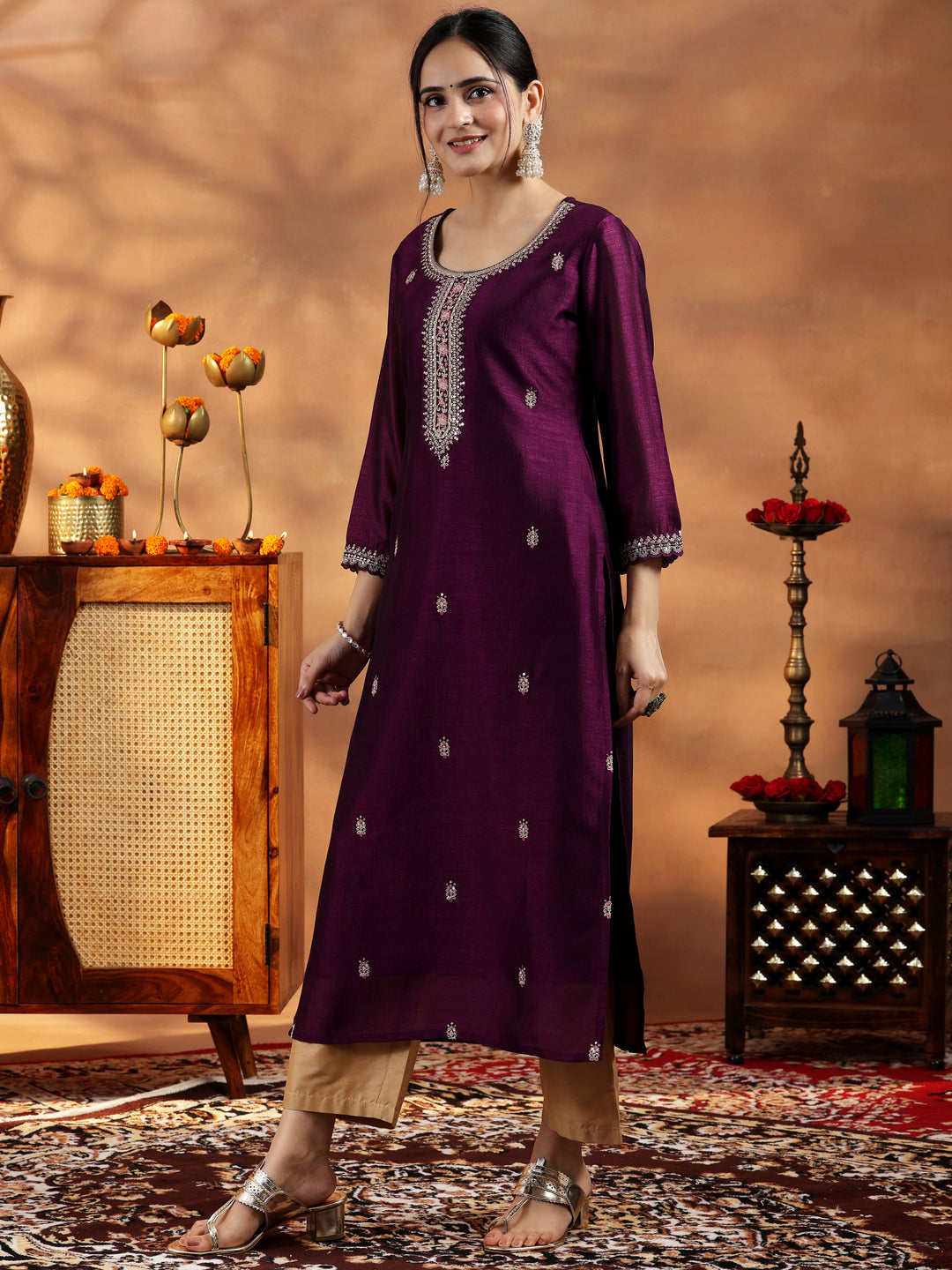  Burgundy Embroidered Silk Straight Kurta 