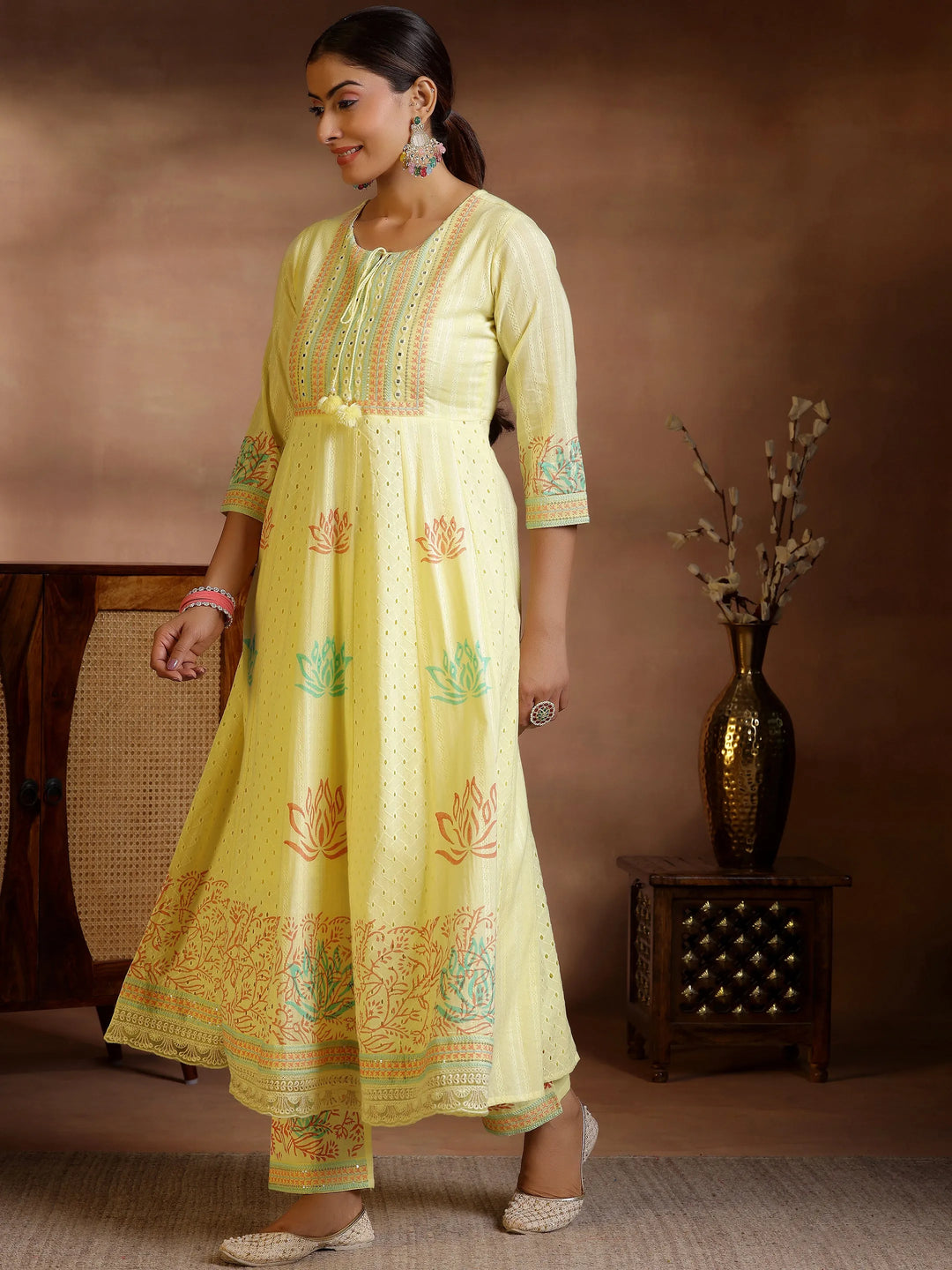  Yellow Embroidered Cotton A-Line Kurta With Trousers & Dupatta 