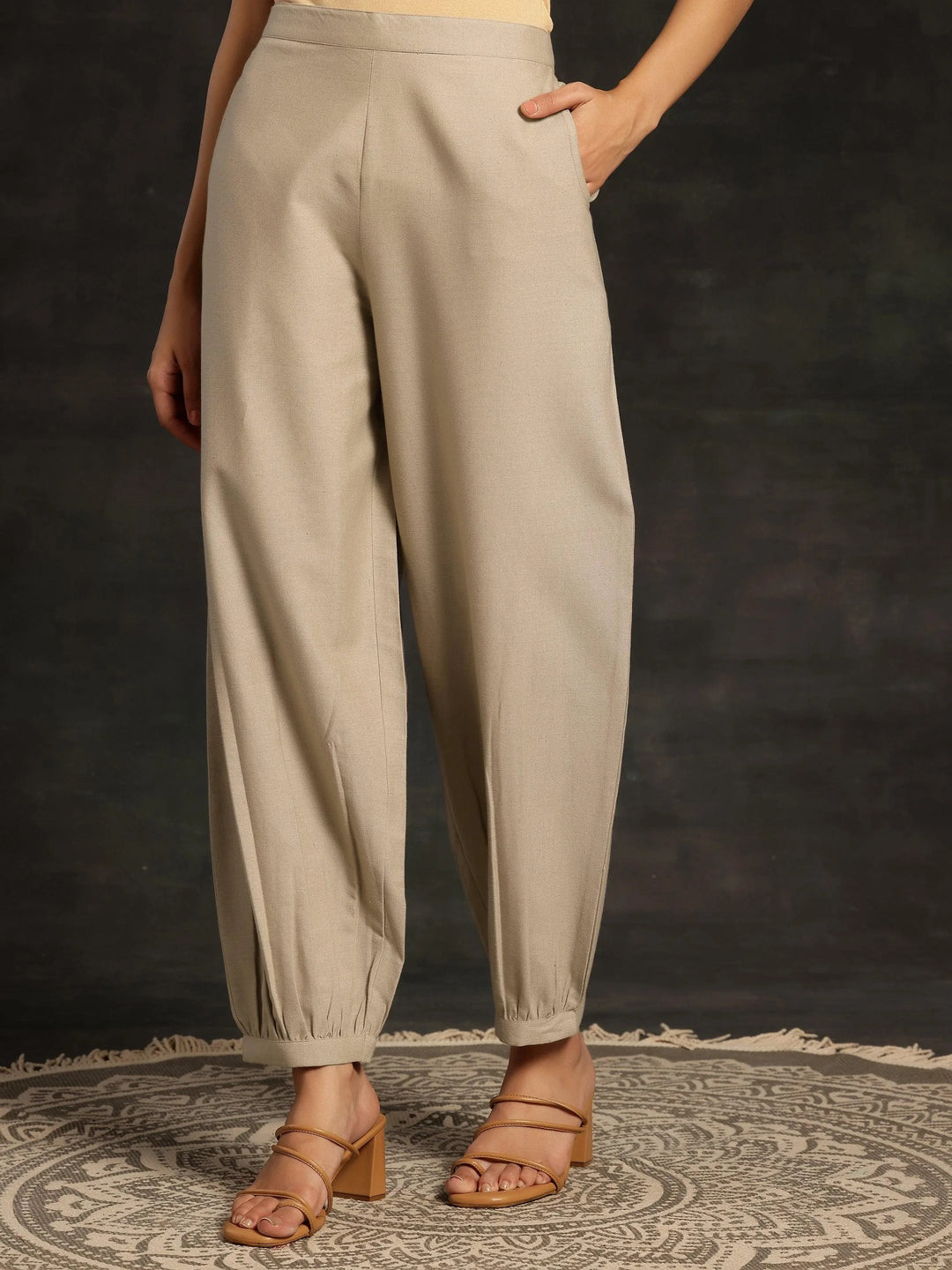 Beige Solid Cotton Salwar - Libas 