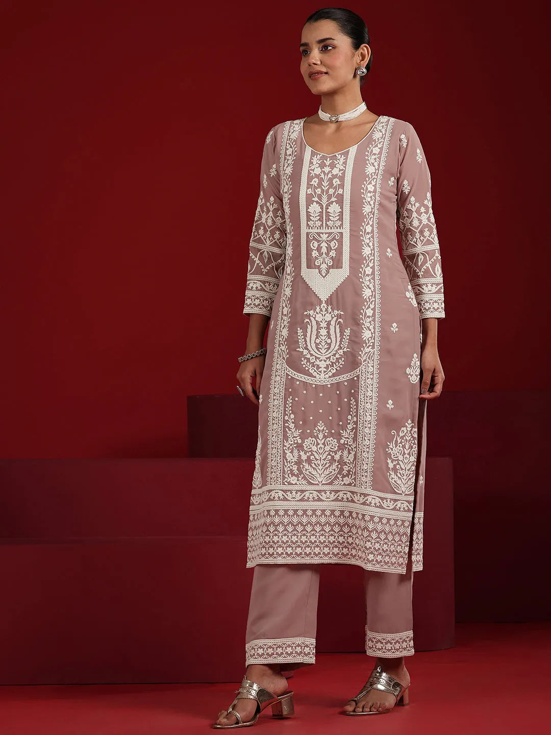 Libas Art Pink Embroidered Georgette Straight Suit Set With Dupatta