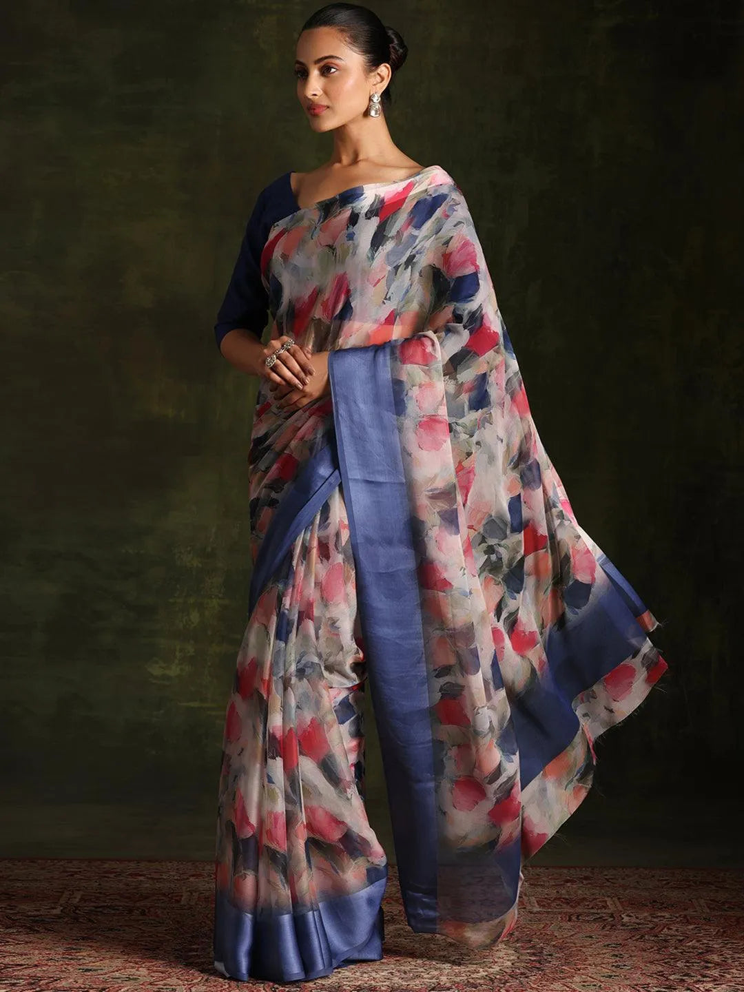 Multicoloured Printed Silk Blend Saree With Unstitched Blouse Piece - Libas