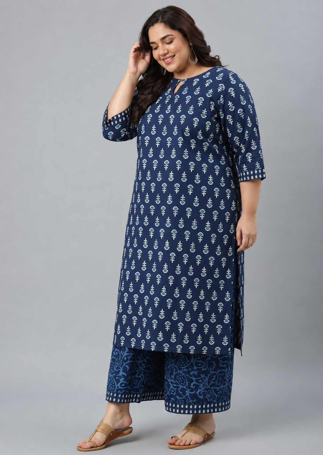  Plus Size Blue Floral Printed Cotton Straight Suit Set 