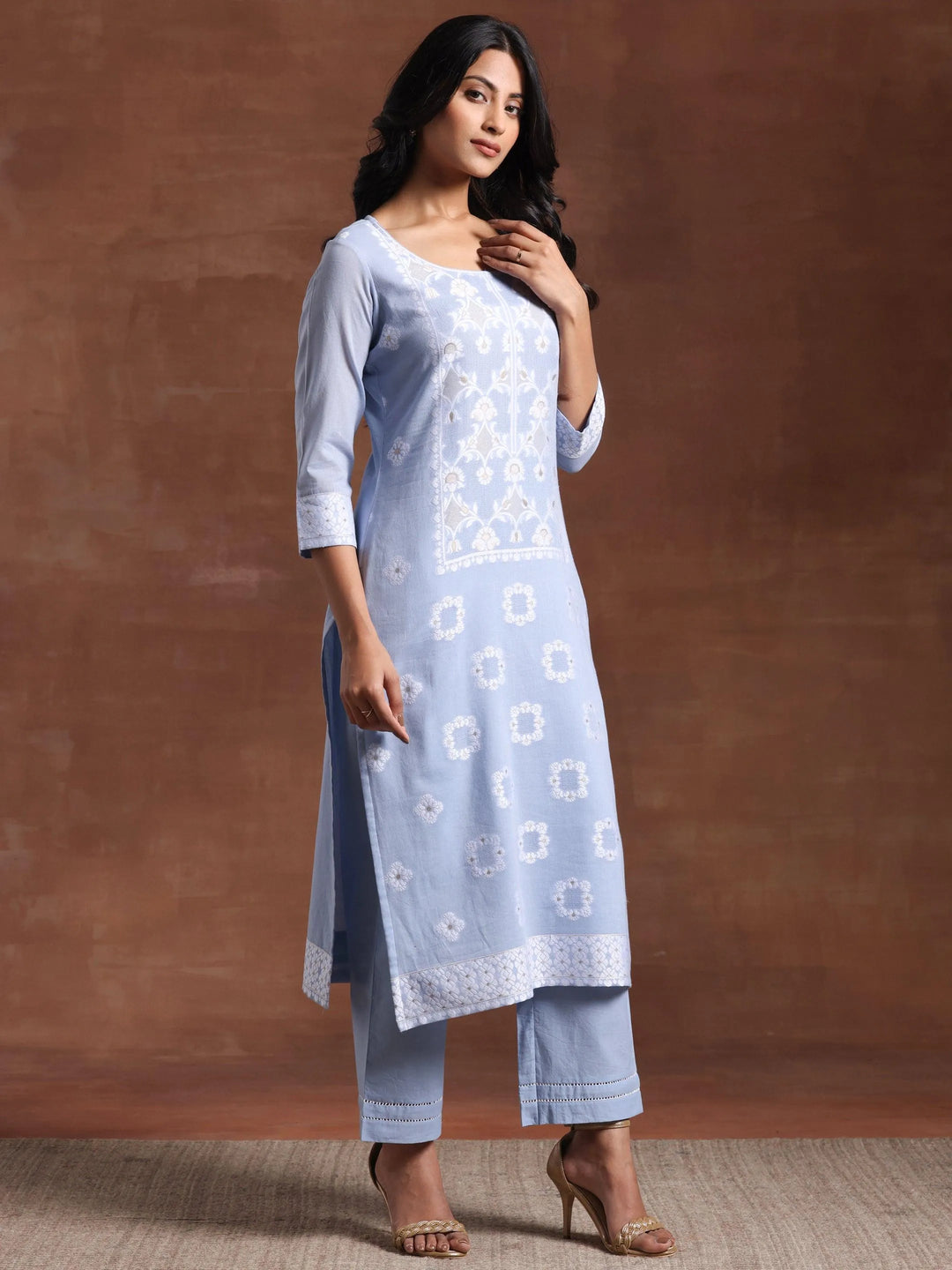 Blue Woven Design Cotton Straight Suit With Dupatta - Libas 