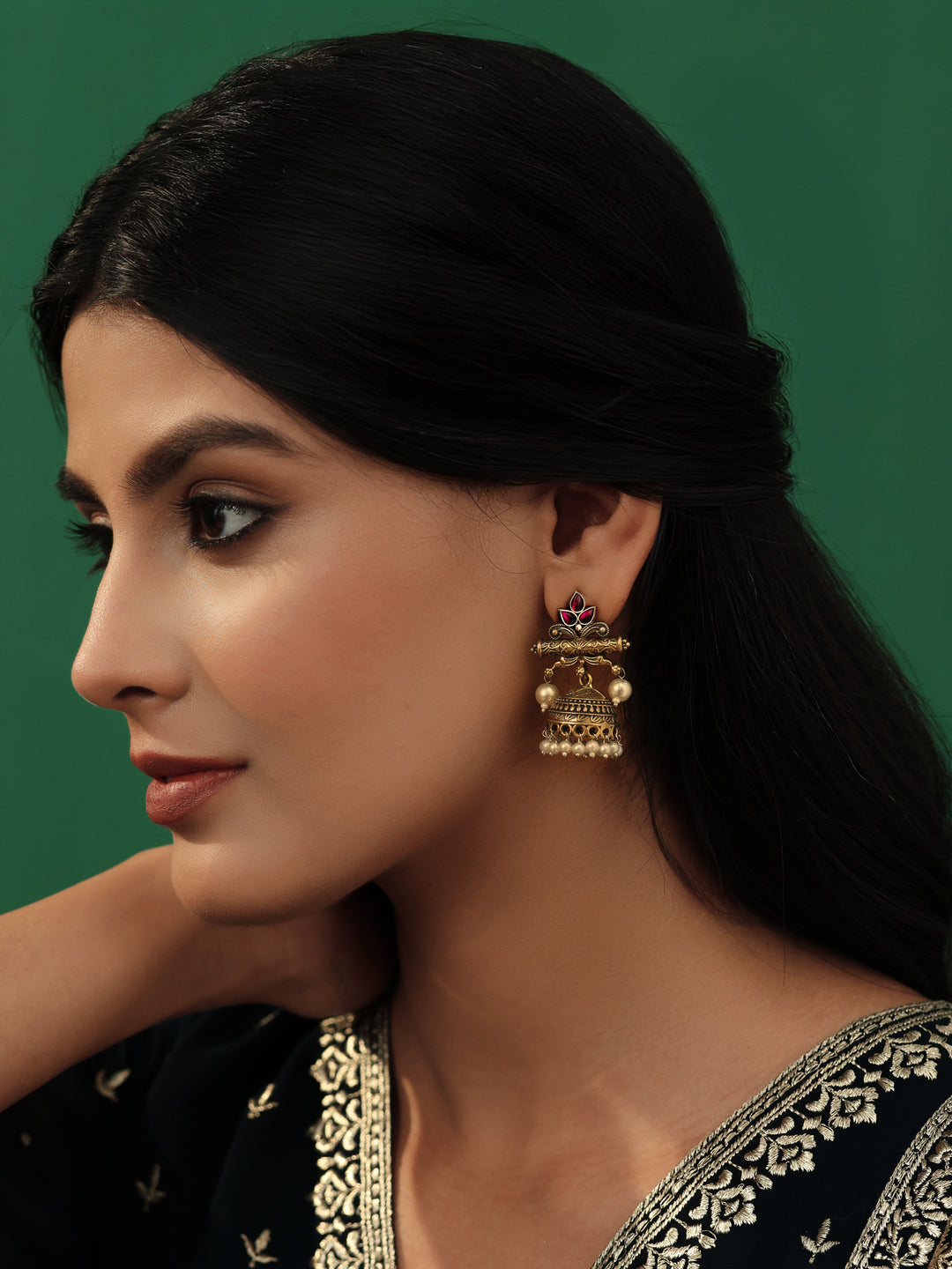  Libas Pink Stone & Pearl Drop Festive Jhumka Earrings  