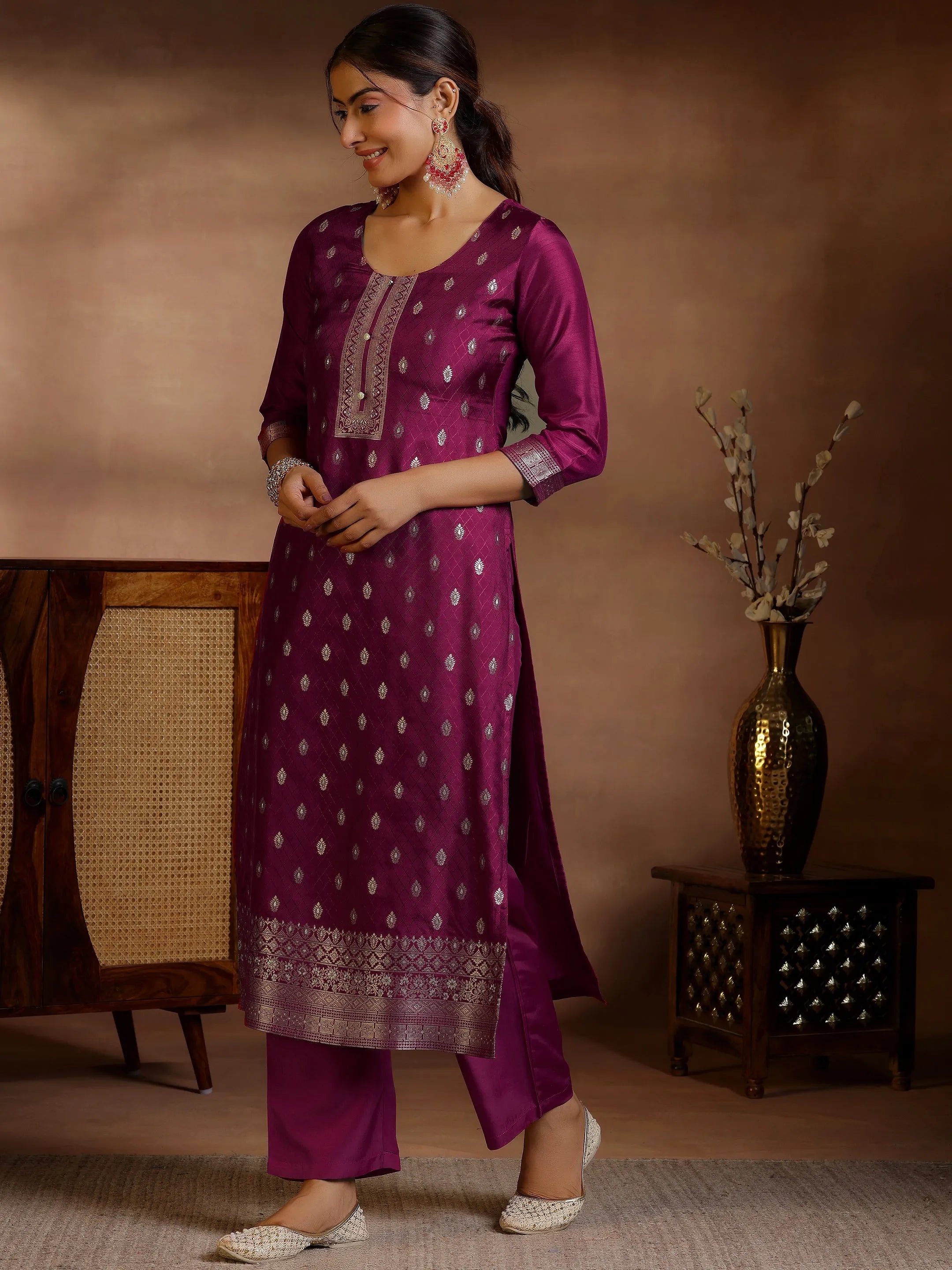 libas Burgundy Woven Design Silk Blend Straight Suit With Dupatta-picture-11