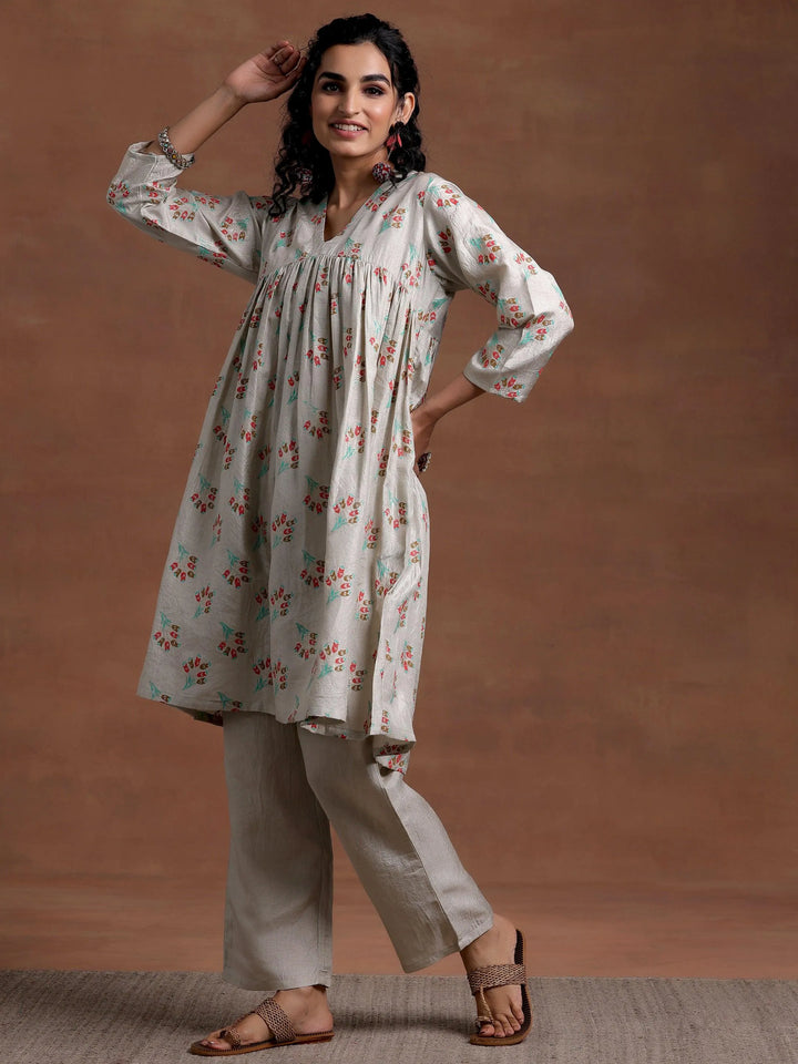 Grey Printed Silk Blend A-Line Kurta With Trousers - Libas