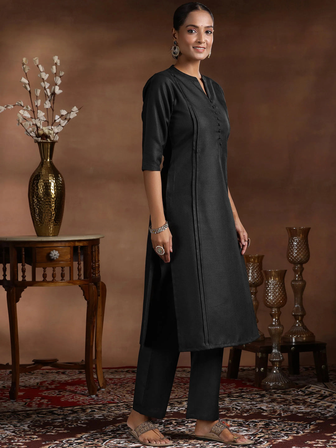  Black Solid Cotton Blend Straight Suit With Dupatta 