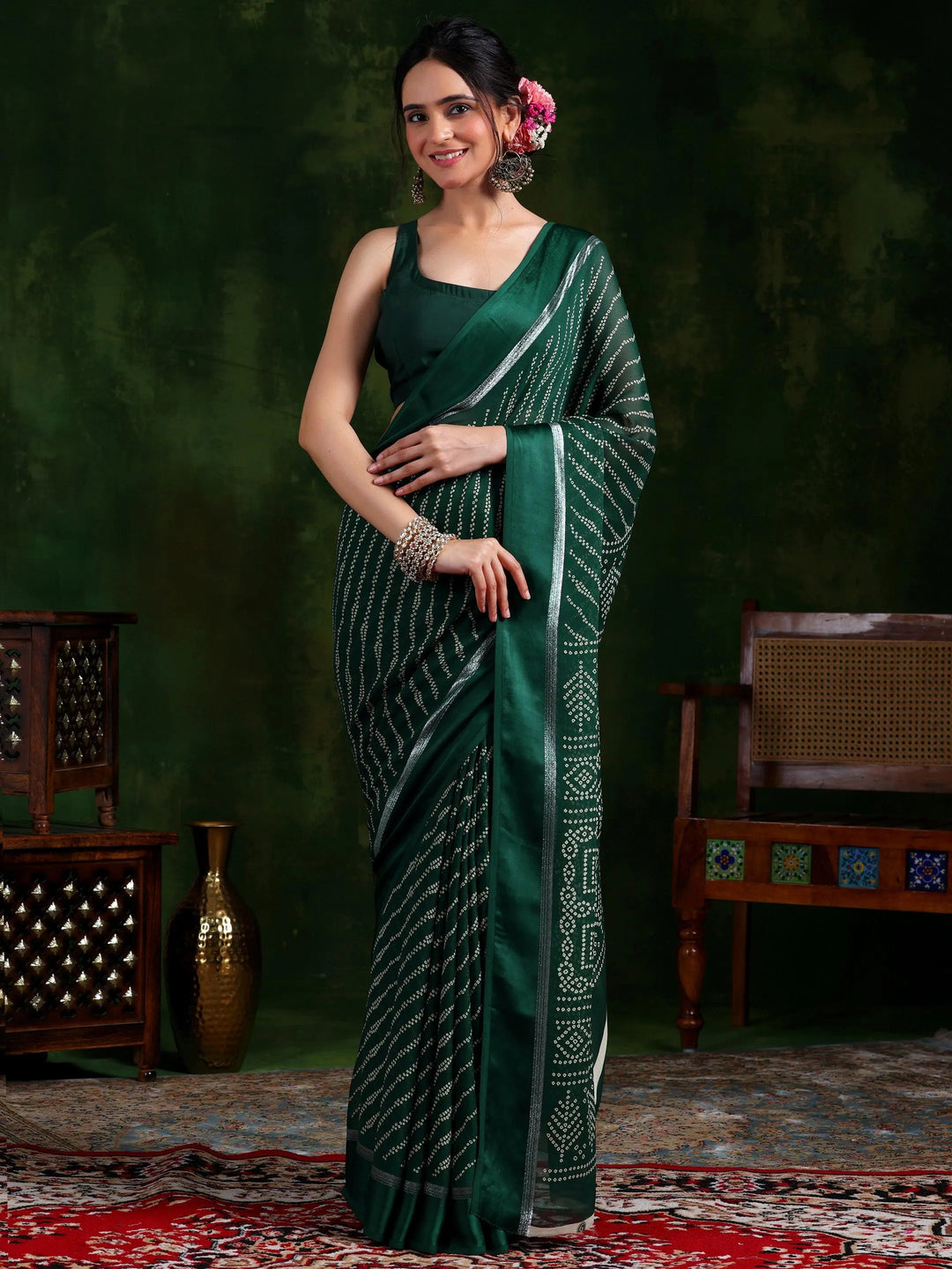 Green Printed Satin Saree With Unstitched Blouse Piece - Libas 