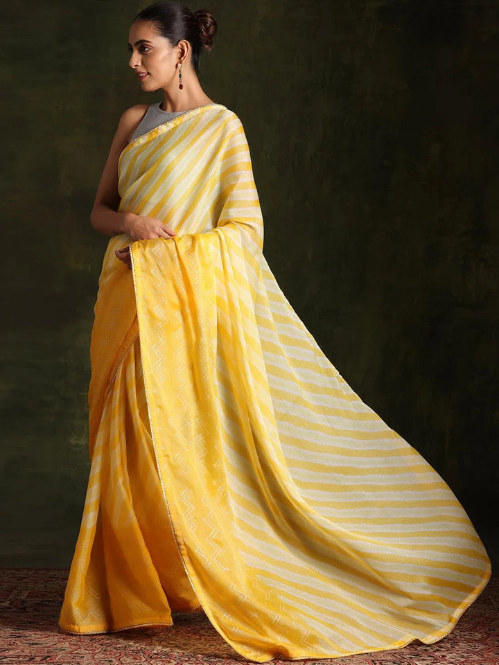 Yellow Printed Silk Blend Saree With Unstitched Blouse Piece - Libas