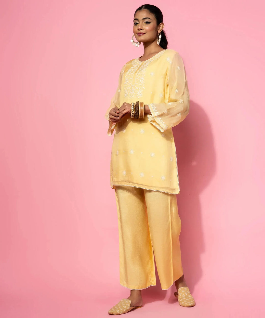  Yellow Embroidered Silk Blend Co-Ords 