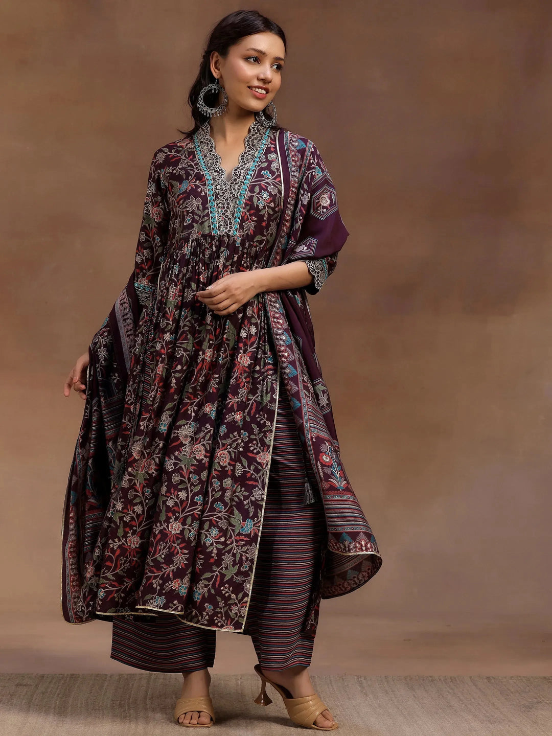  Burgundy Printed Silk Blend A-Line Kurta With Palazzos & Dupatta 