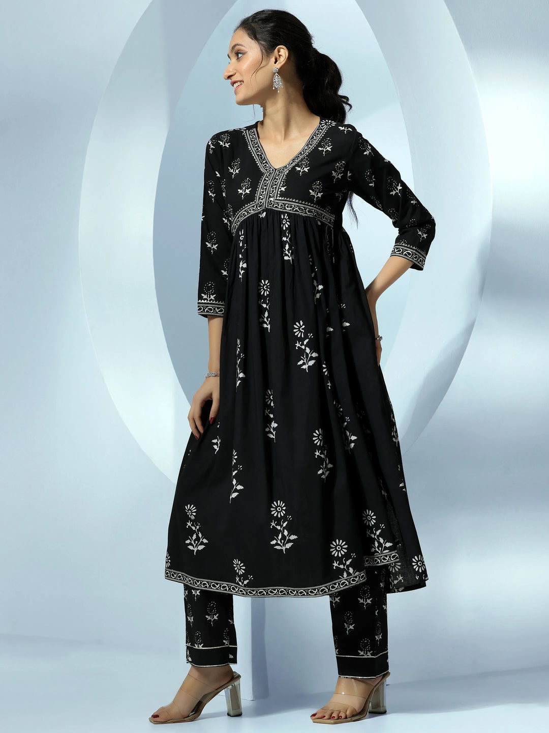  Black Printed Cotton A-Line Kurta With Palazzos 