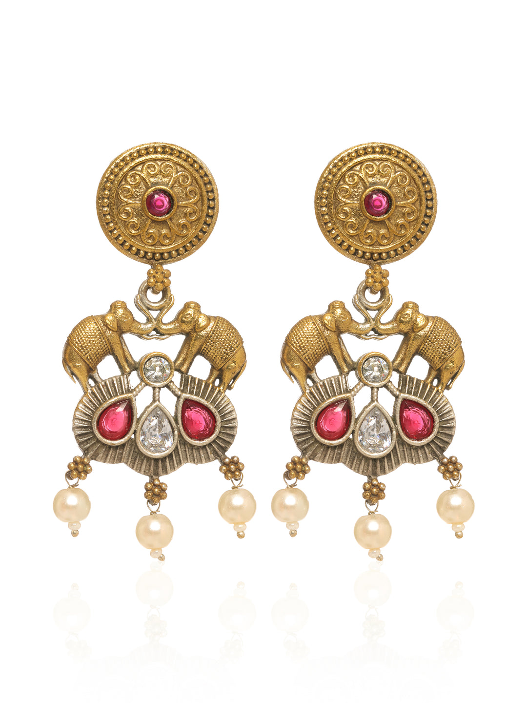  Libas Antique Gold Elephant Motif Pearl Drop Earrings 