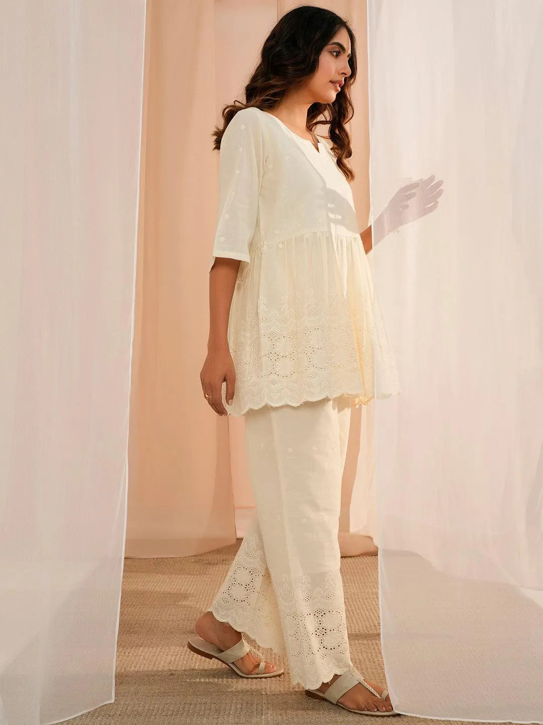 Off White Self Design Cotton Tunic With Palazzos - Libas 