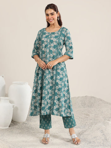 Libas Teal Printed Cotton A-Line Kurta Set