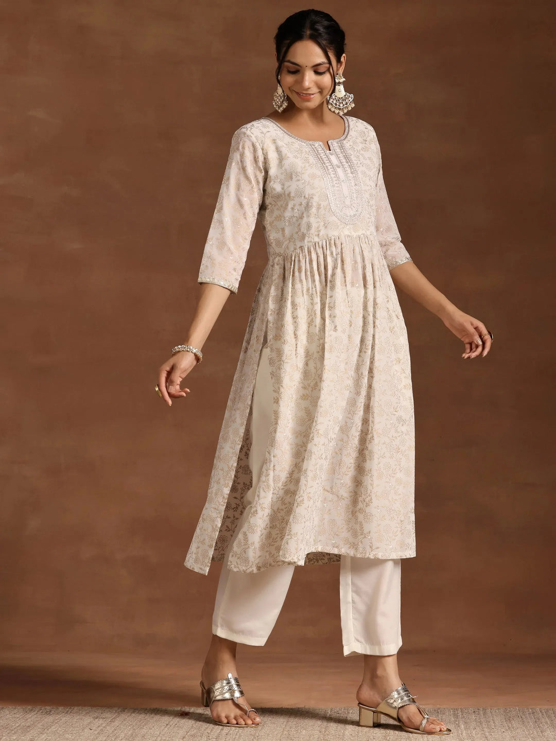  Off White Printed Georgette A-Line Suit With Dupatta 
