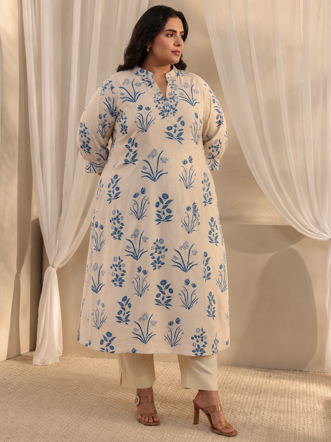  Plus Size Off White Floral Printed Cotton A-Line Kurta 
