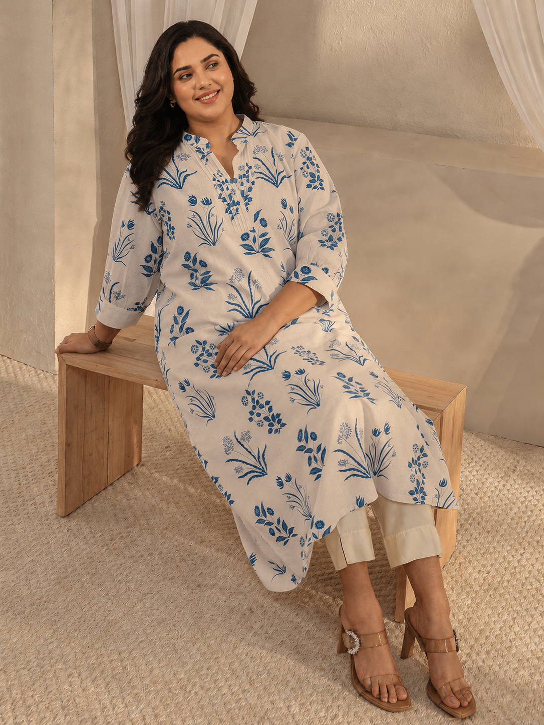 libas Plus Size Off White Floral Printed Cotton A-Line Kurta-picture-27