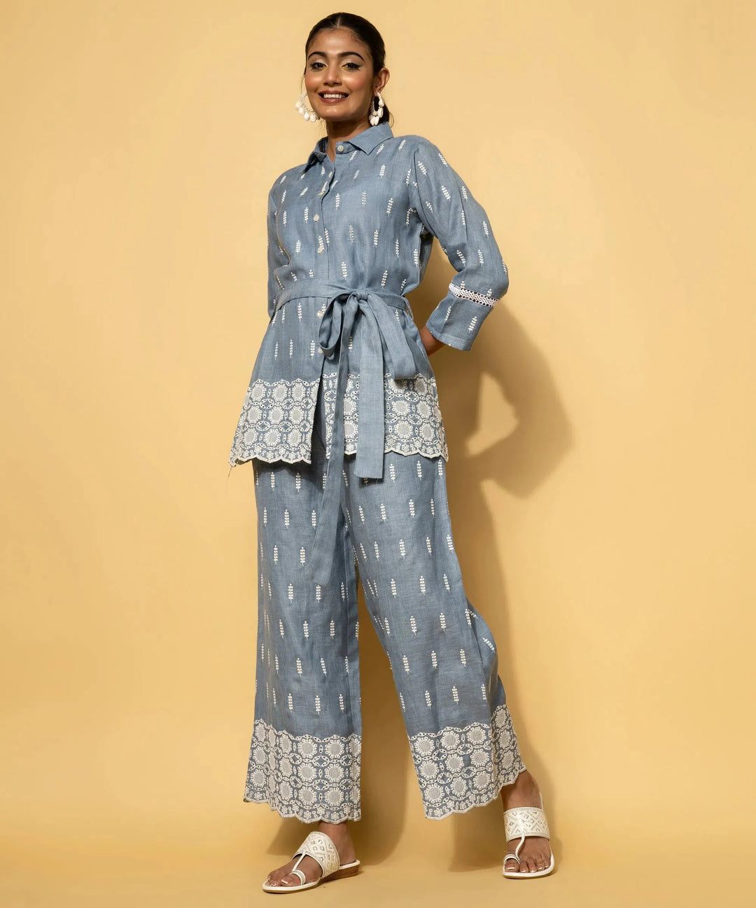  Blue Embroidered Cotton Blend Co-Ords 