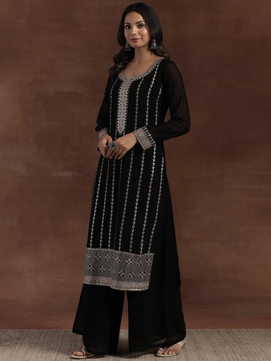 Black Embroidered Georgette Straight Suit With Dupatta - Libas