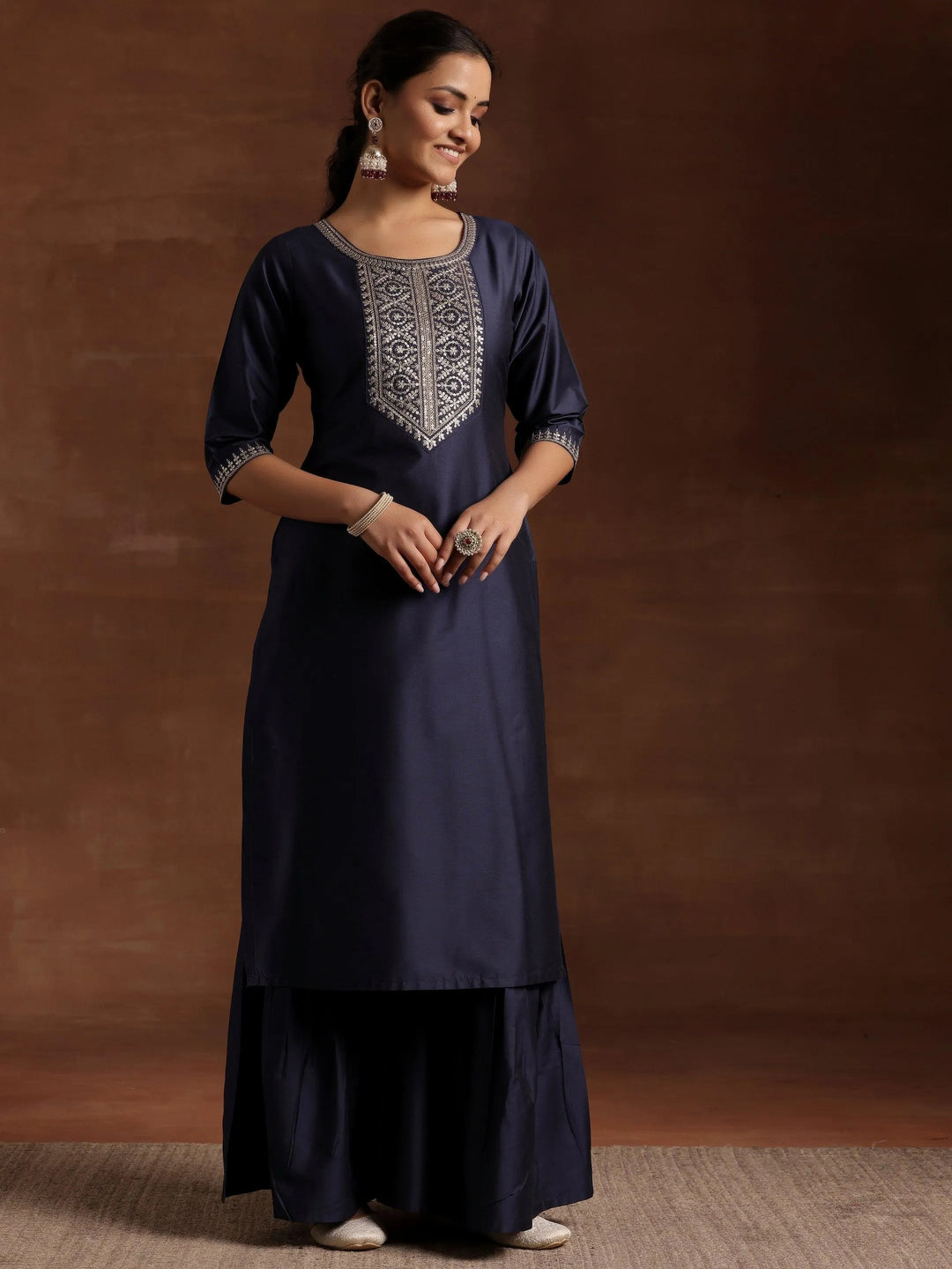 Blue Yoke Design Silk Blend Straight Suit With Dupatta - Libas 