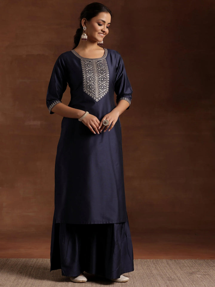 Blue Yoke Design Silk Blend Straight Suit With Dupatta - Libas