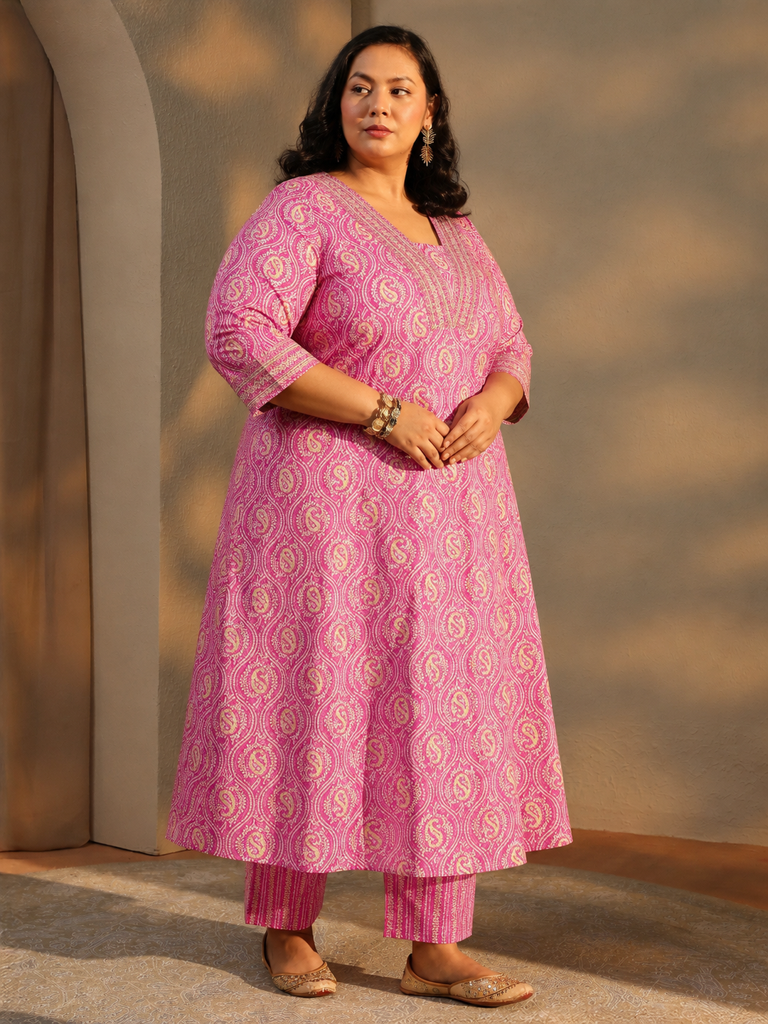  Plus Size Pink Paisley Printed Cotton A-Line Suit Set 