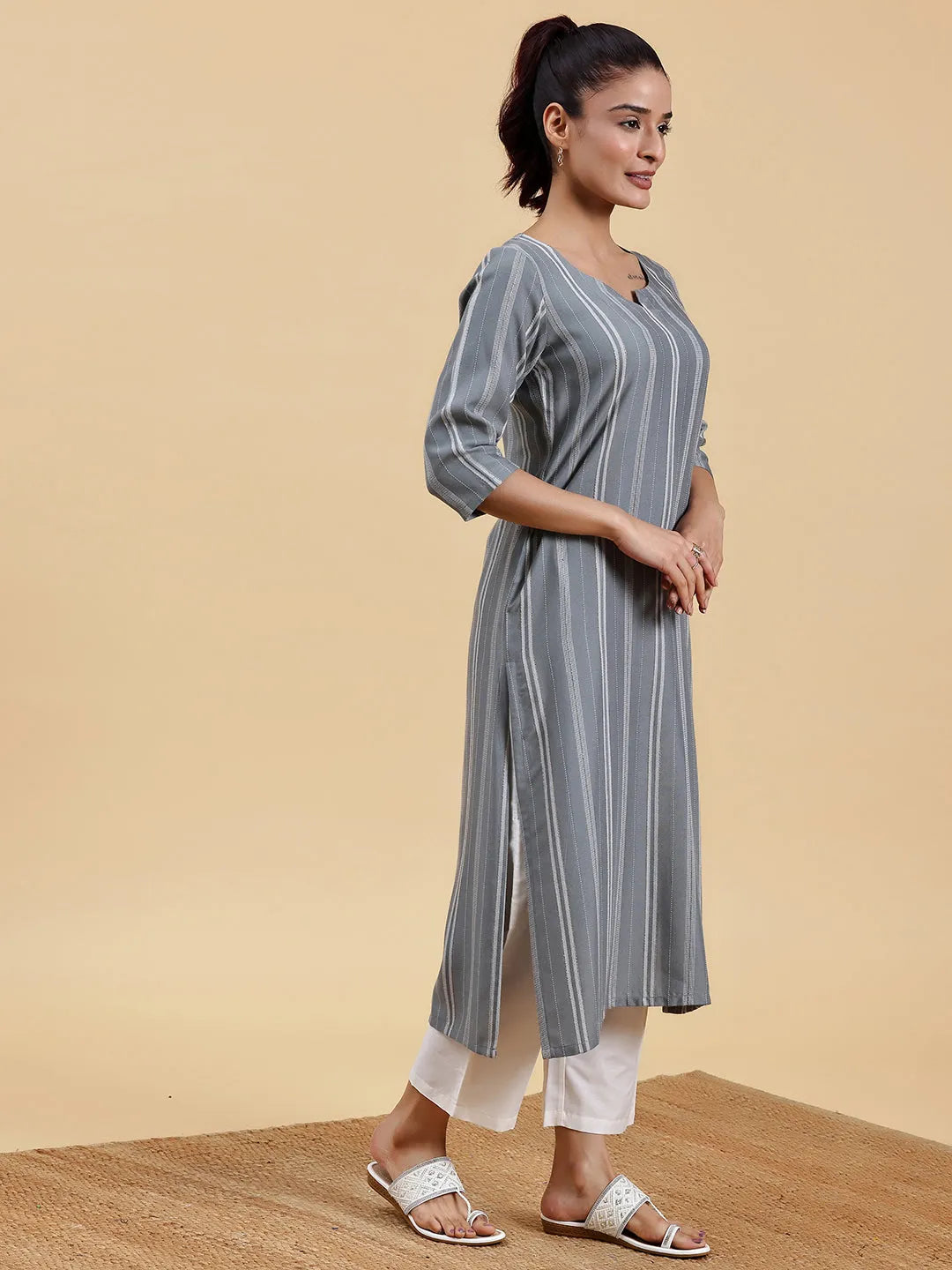  Grey Woven Design Rayon Straight Kurta 