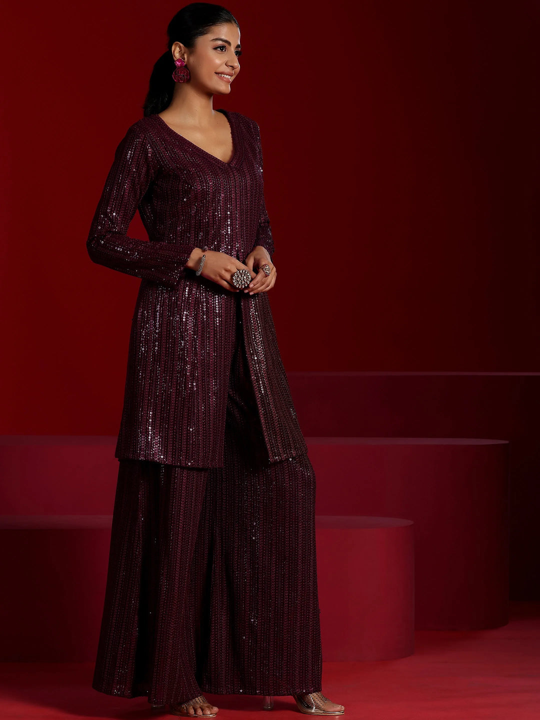  Libas Art Wine Embroidered Georgette A-Line Kurta With Palazzos & Dupatta 
