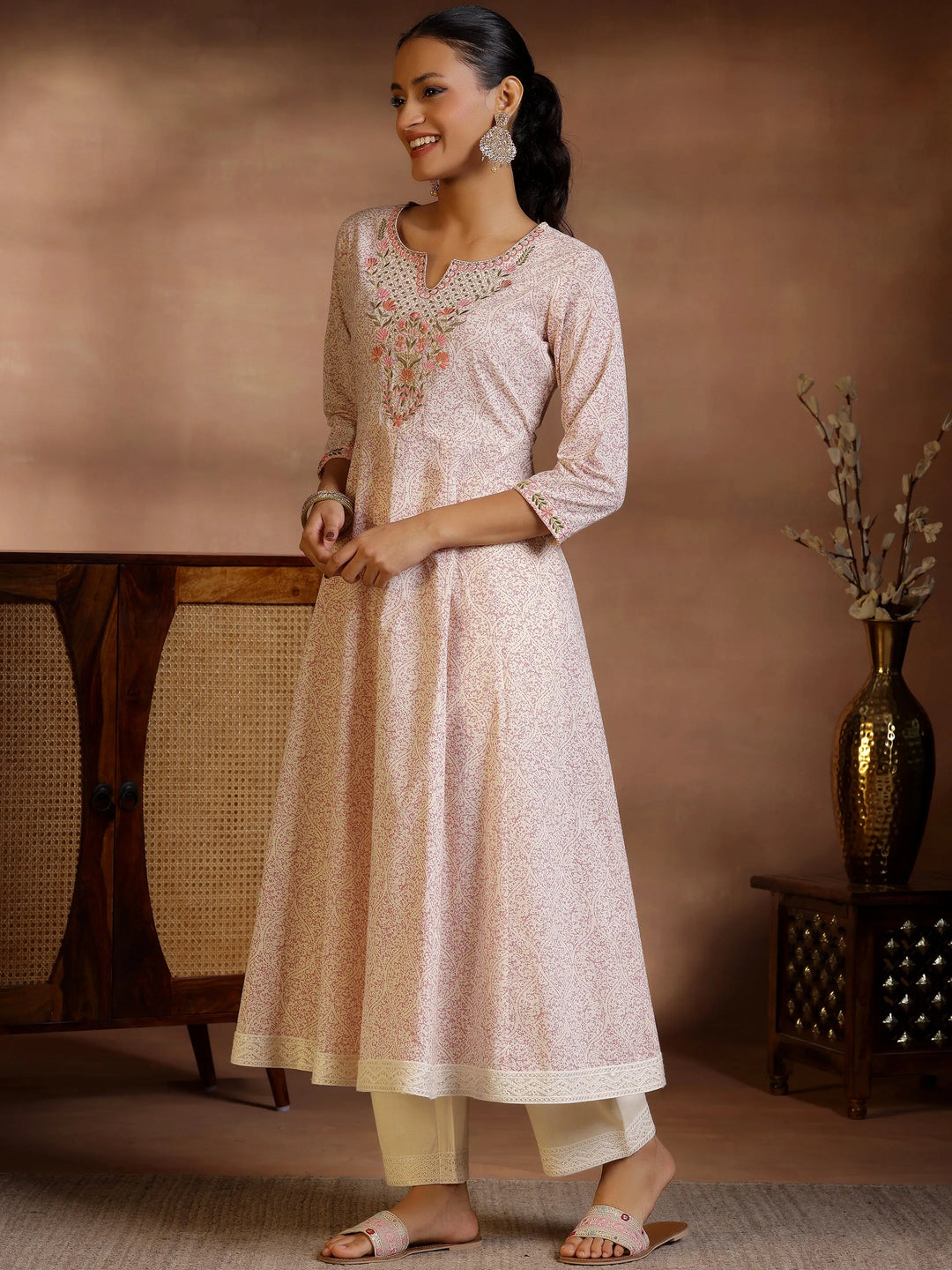  Mauve Printed Cotton Anarkali Kurta With Trousers 
