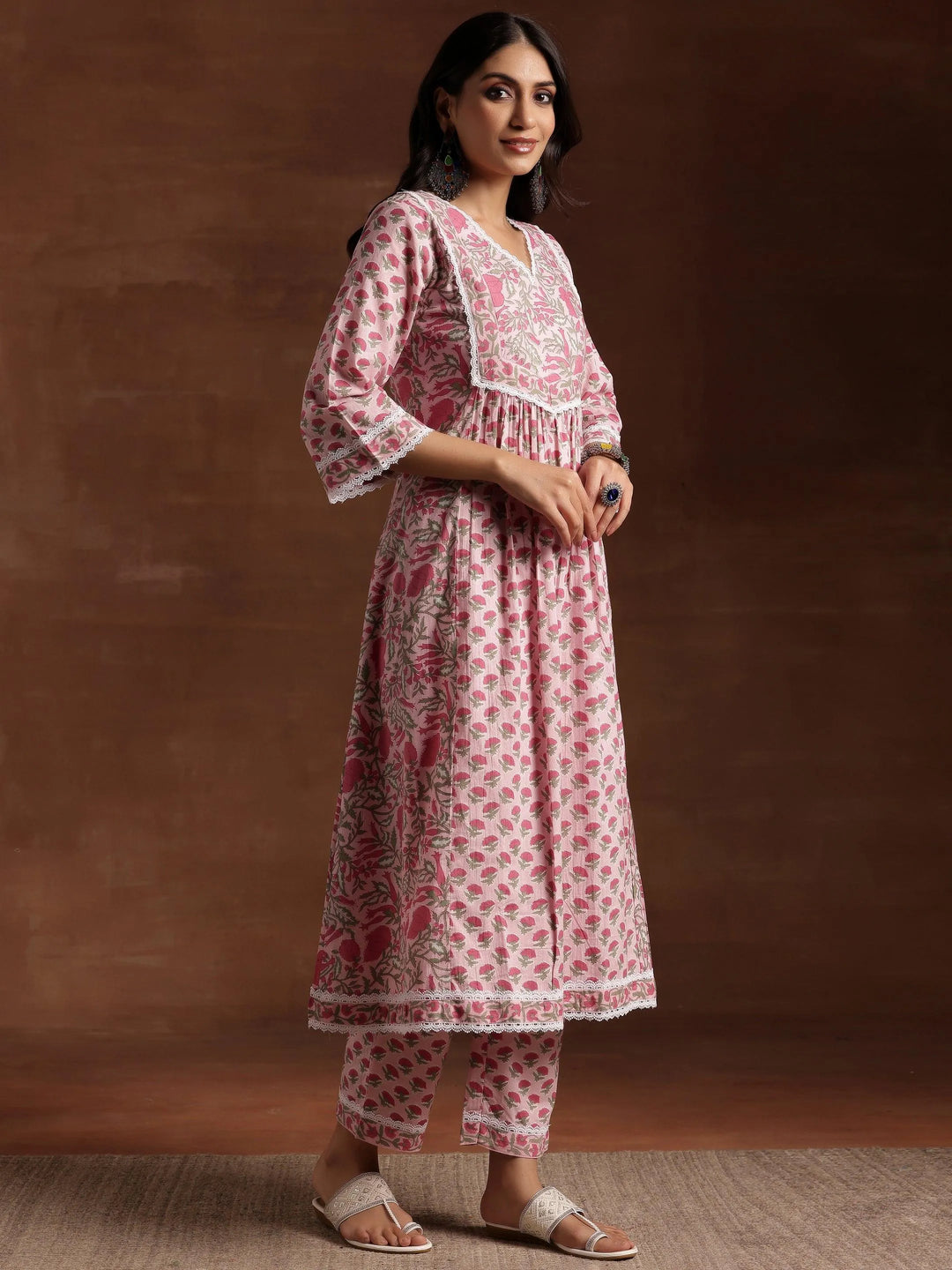Pink Printed Cotton A-Line Kurta With Palazzos - Libas 