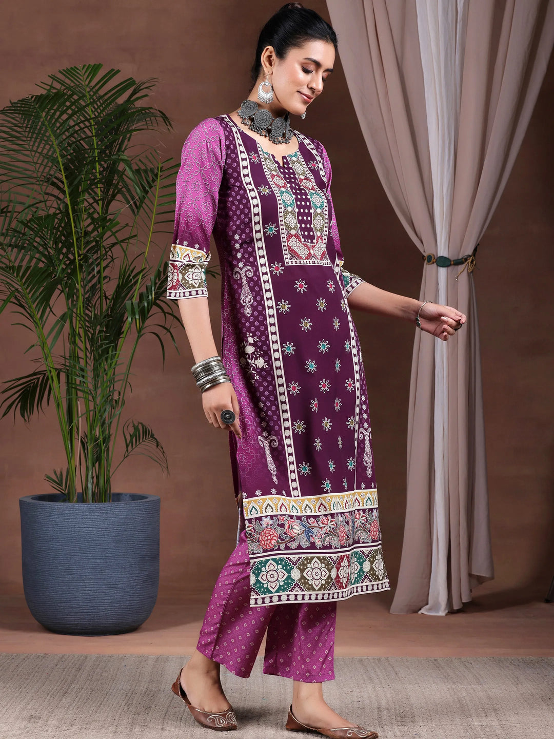  Wine Printed Poly Crepe Straight Kurta Set 