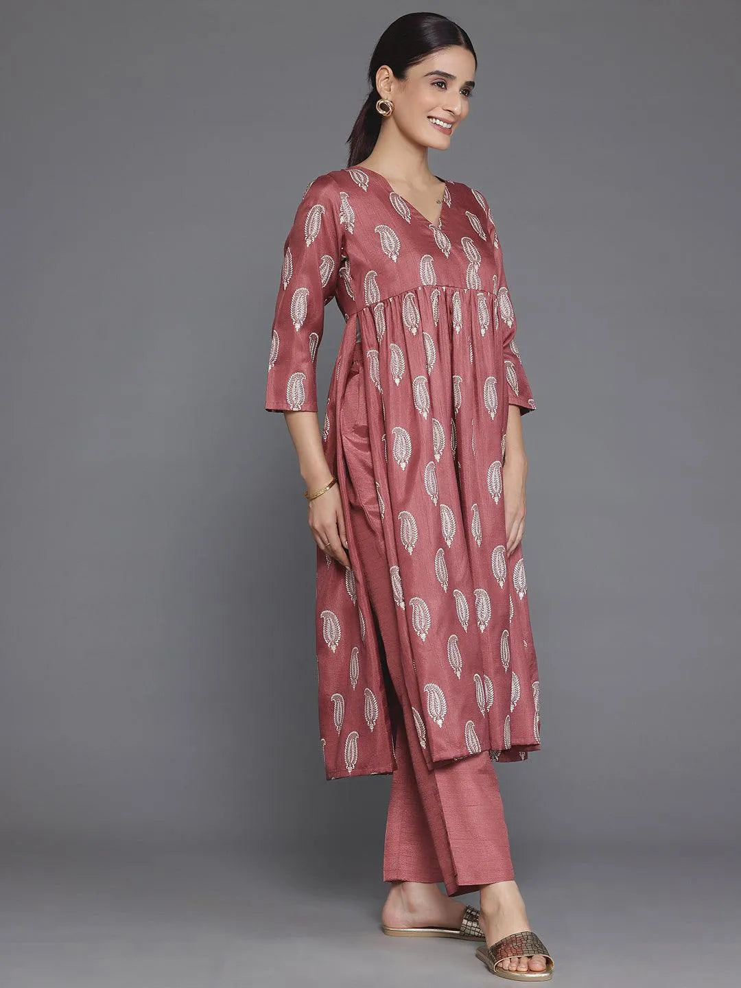 Mauve Printed Silk Blend A-Line Kurta With Trousers - Libas 