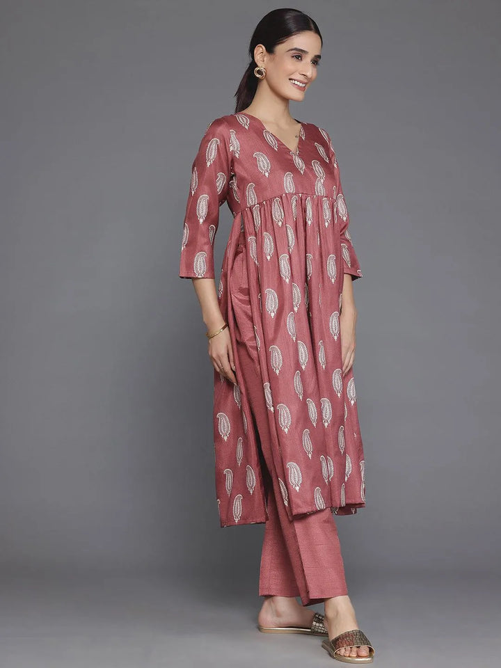 Mauve Printed Silk Blend A-Line Kurta With Trousers - Libas