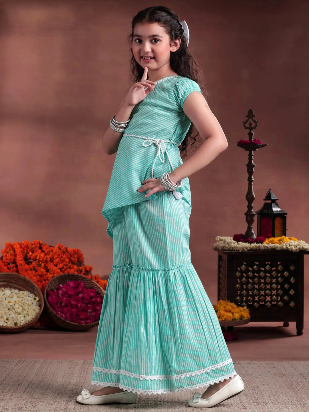  Kids Blue Striped Cotton A-Line Top With Sharara 