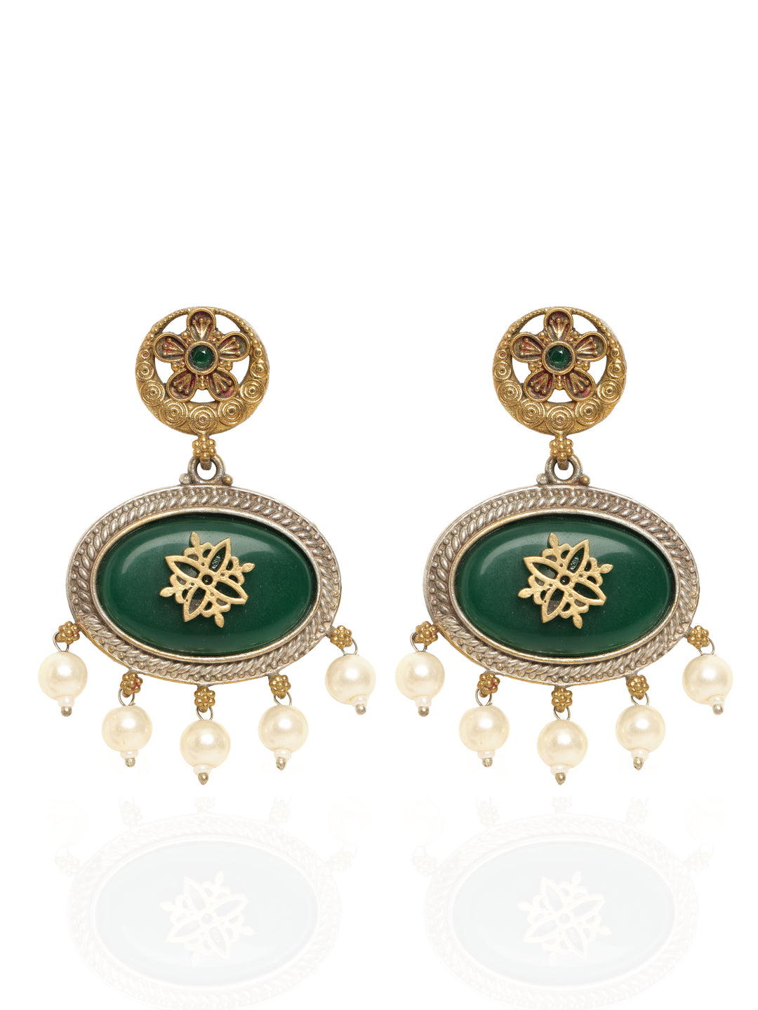  Libas Green Stone Statement Pearl Drop Earrings 