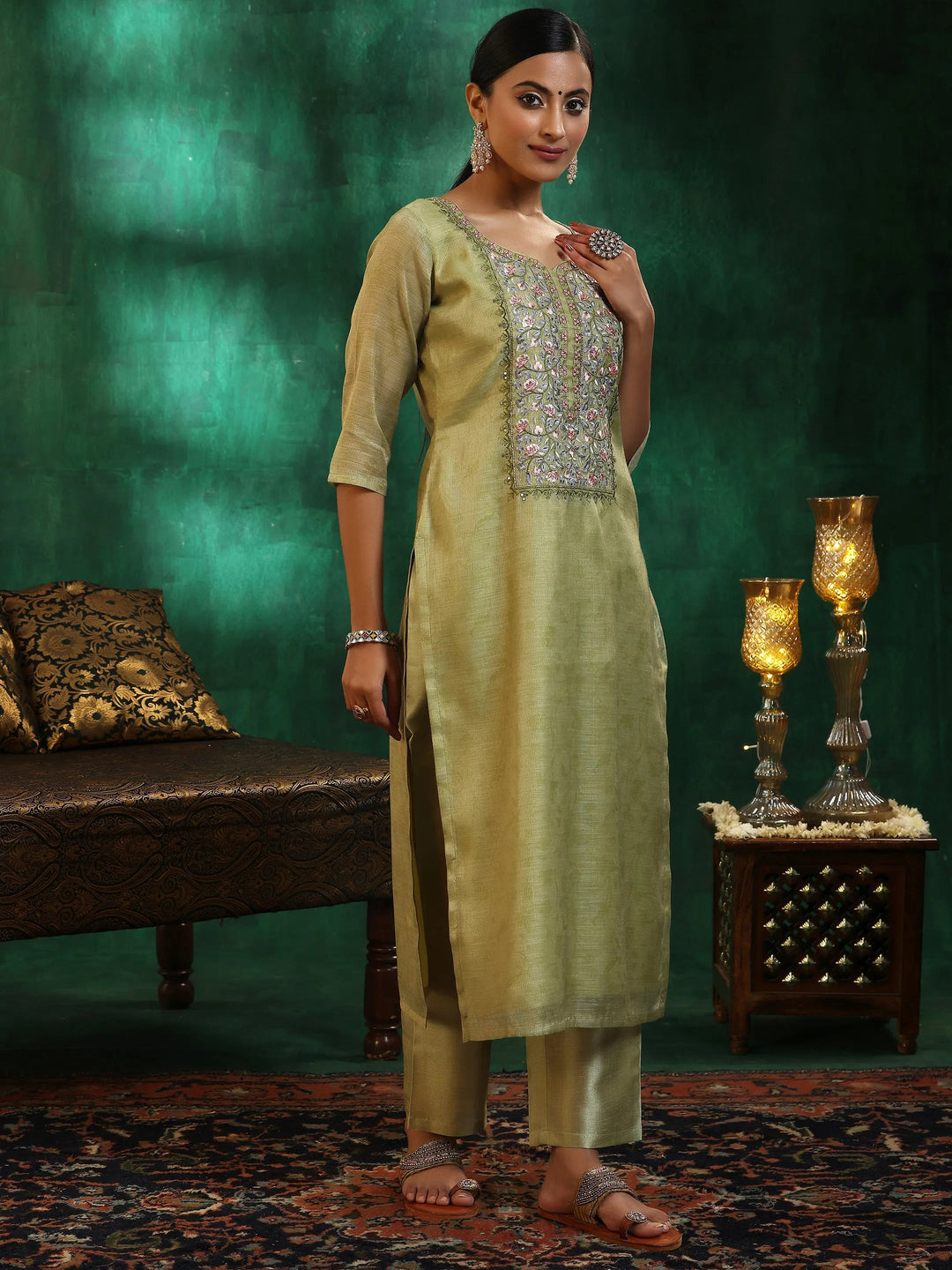  Green Yoke Design Silk Blend Straight Suit With Dupatta 