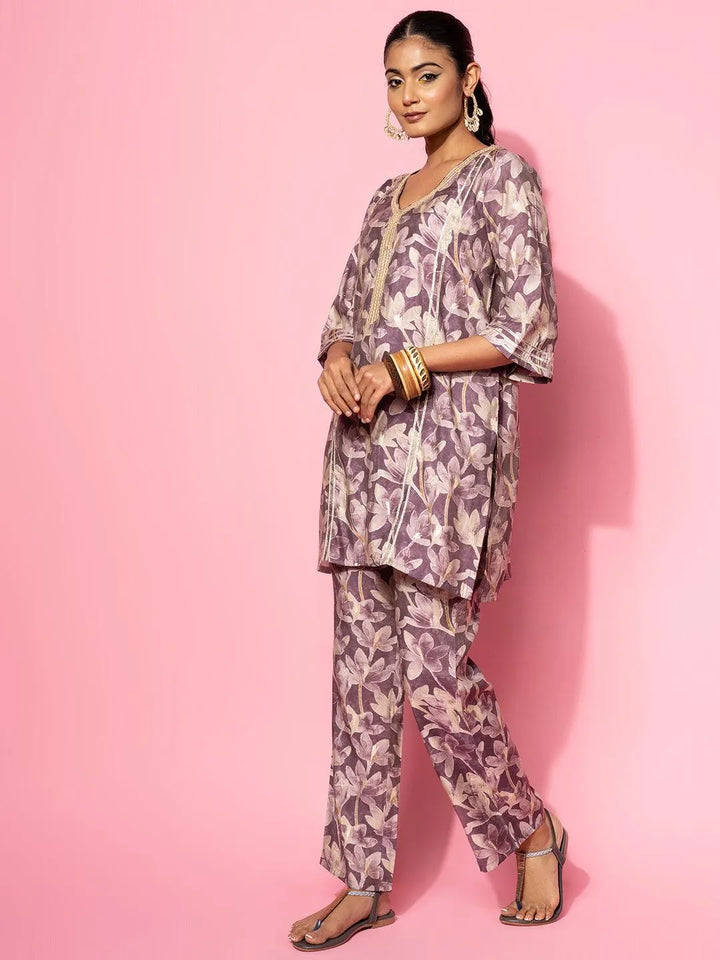 Purple Printed Silk Blend Co-Ords - Libas