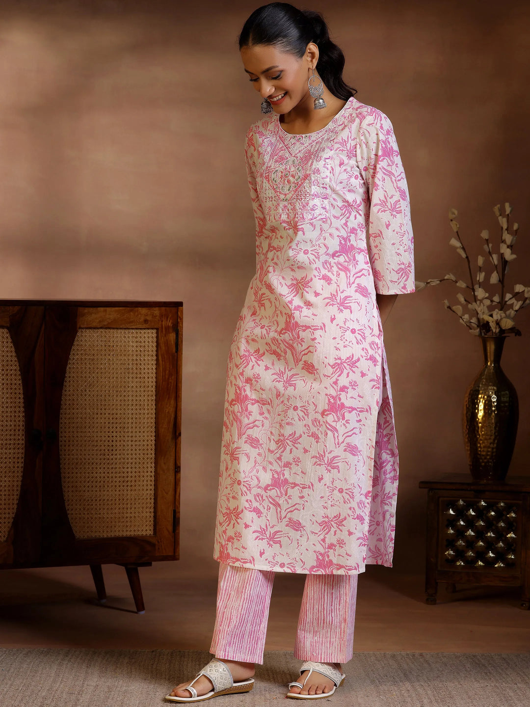  White Printed Cotton Straight Kurta Set 