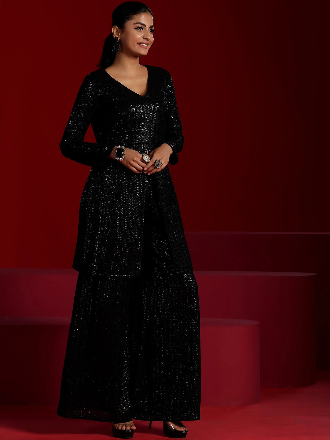  Libas Art Black Embroidered Georgette A-Line Kurta With Palazzos & Dupatta 