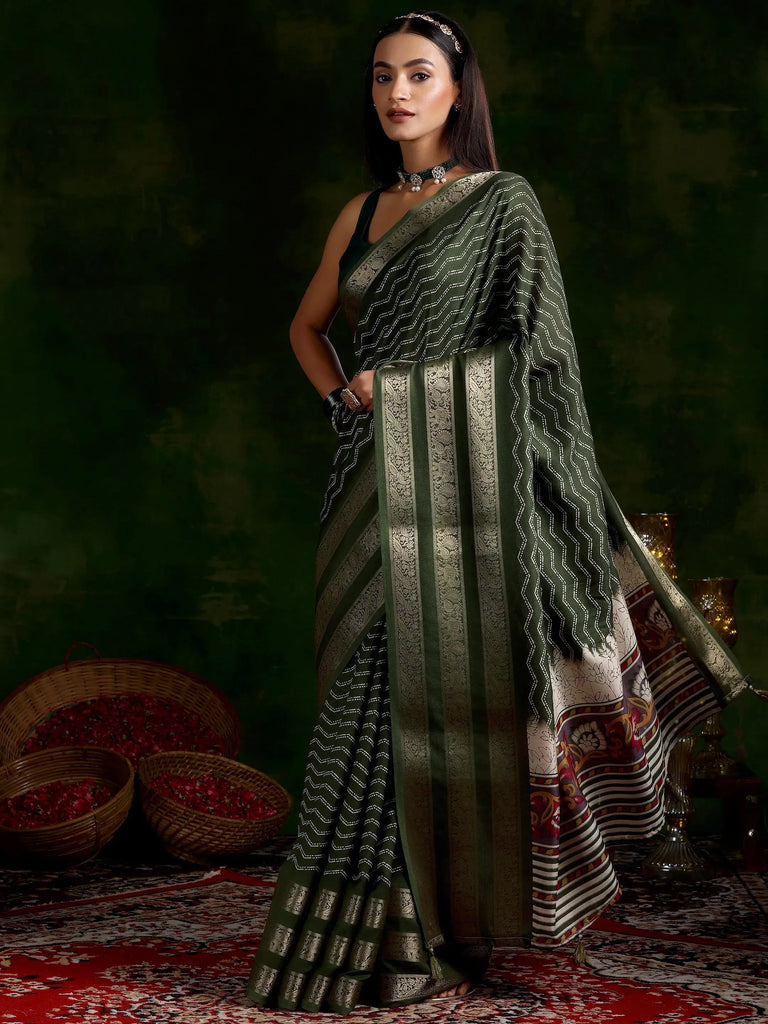 Libas Olive Printed Silk Blend Saree With Unstitched Blouse Piece