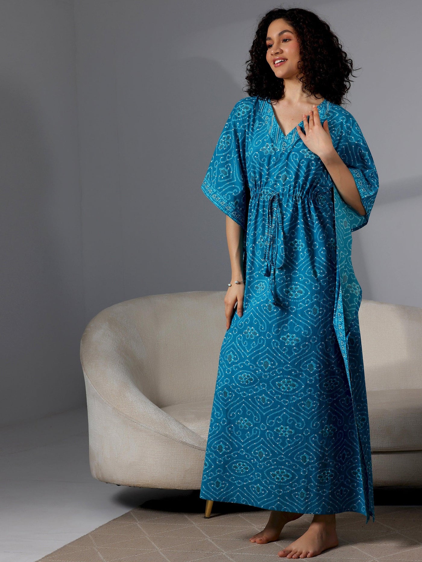 Blue Printed Cotton Kaftan Night Dress - Libas
