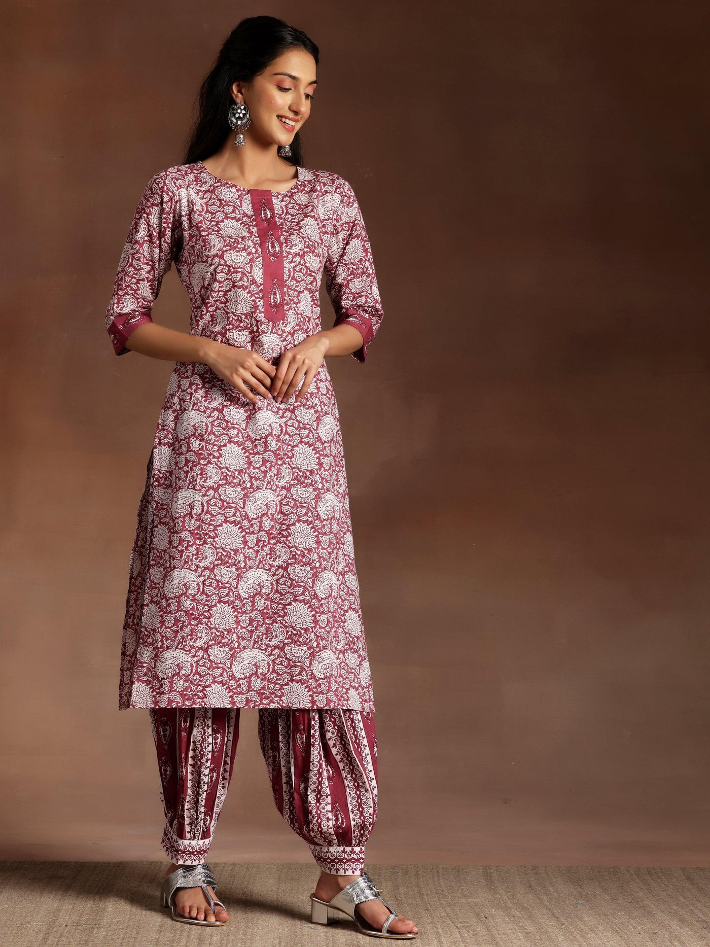 Wine Printed Cotton Straight Suit With Dupatta - Libas