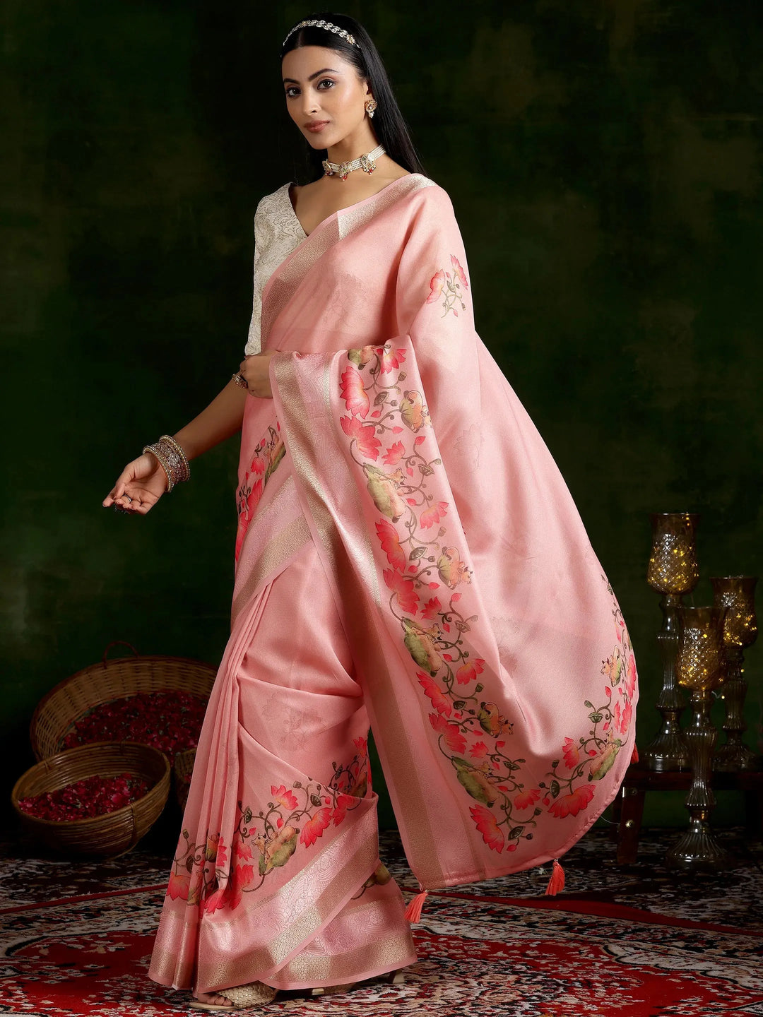  Peach Printed Silk Blend Saree With Unstitched Blouse Piece 
