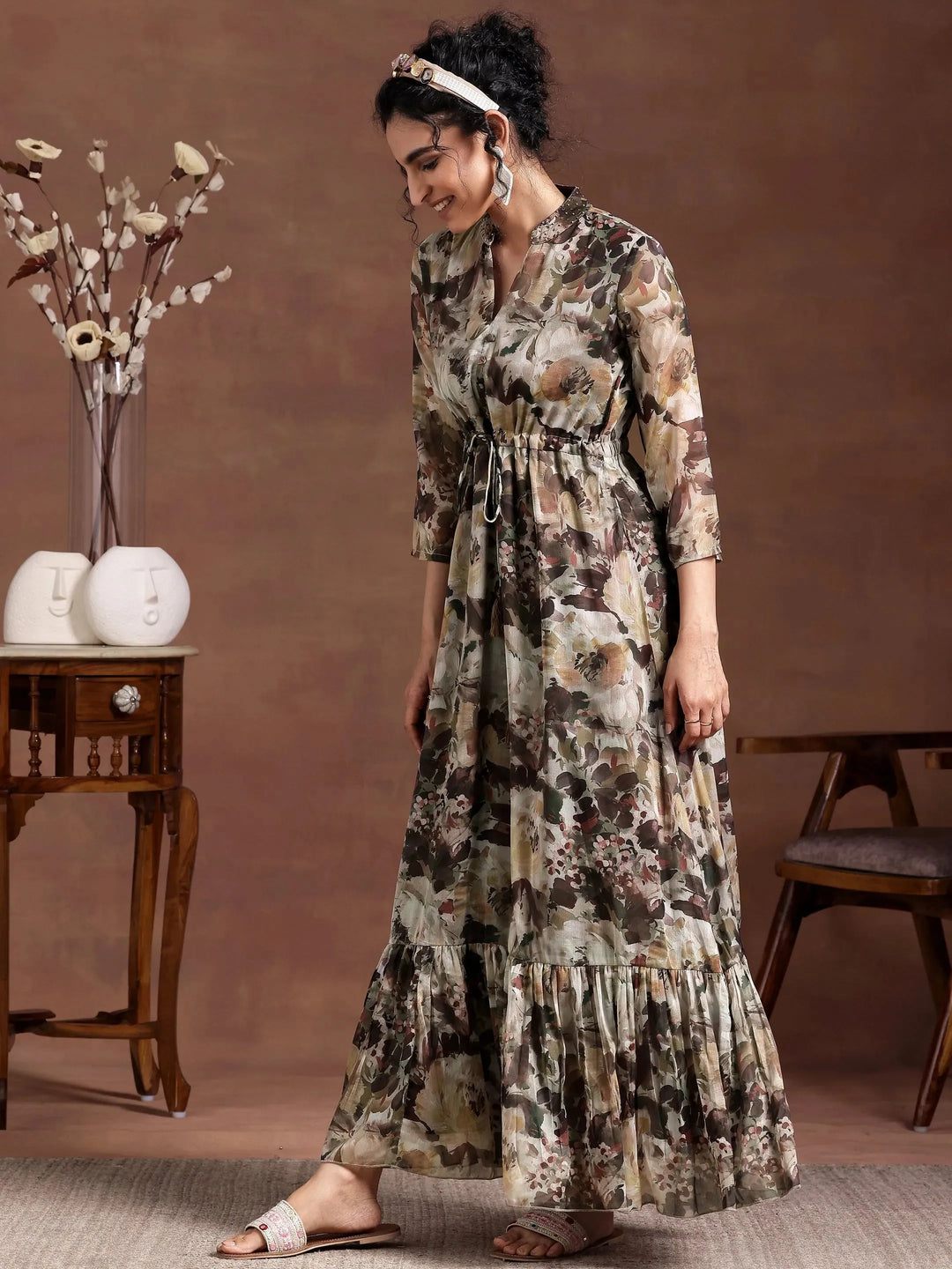  Green Printed Chiffon A-Line Dress With Belt 