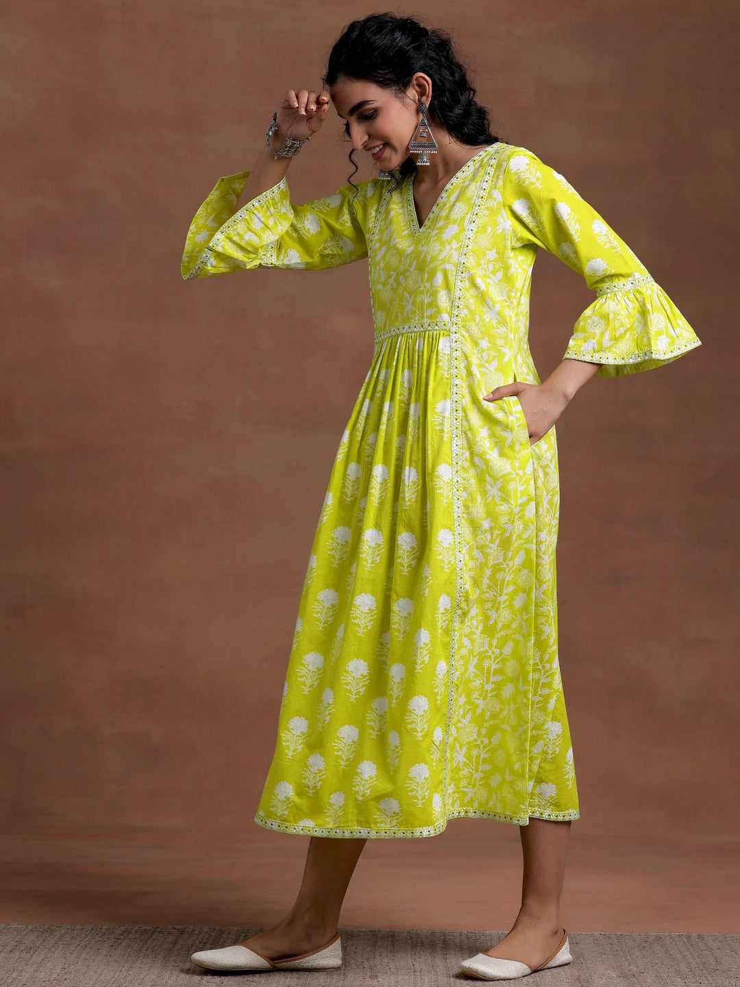 Neon Green Printed Cotton A-Line Dress - Libas 